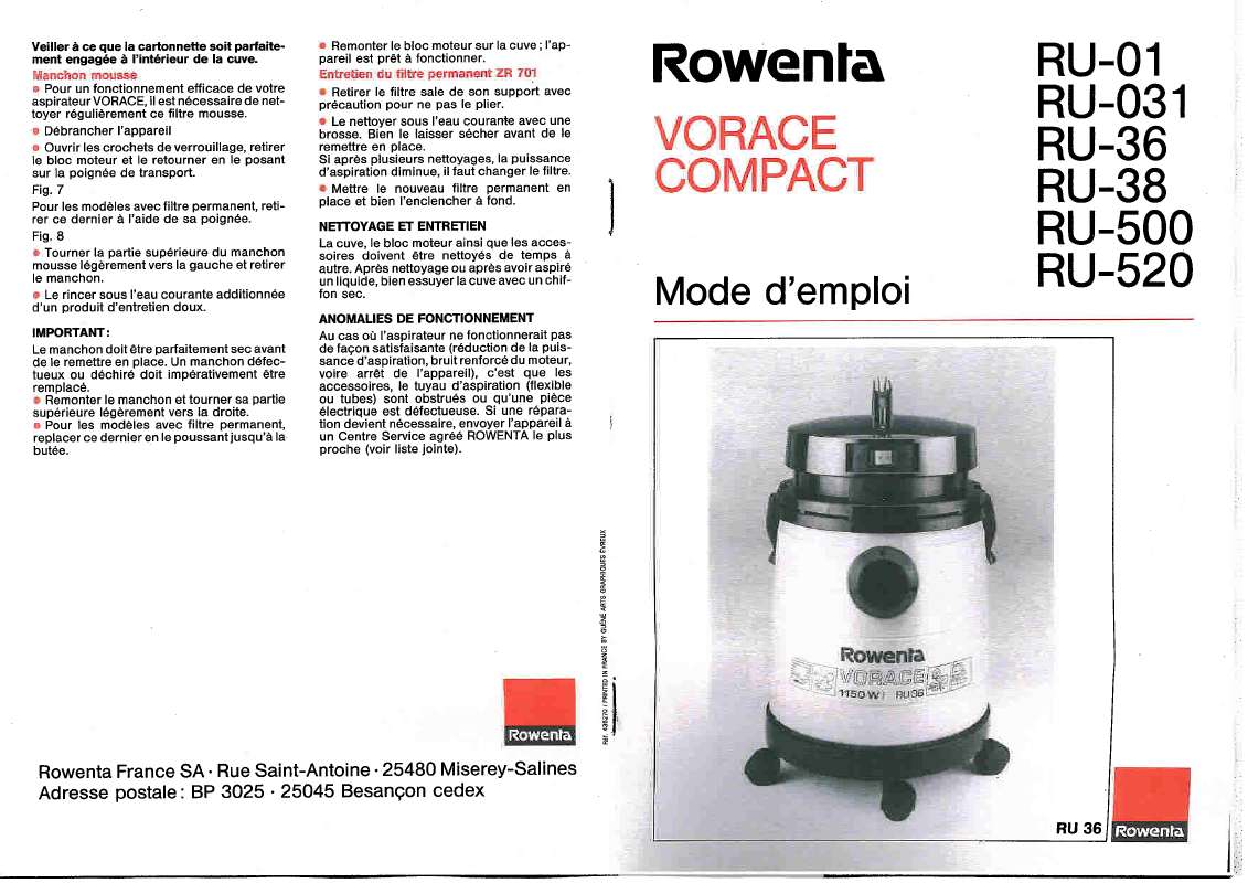 Notice aspirateur sans sac ROWENTA RU 01 VORACE COMPACT Trouver